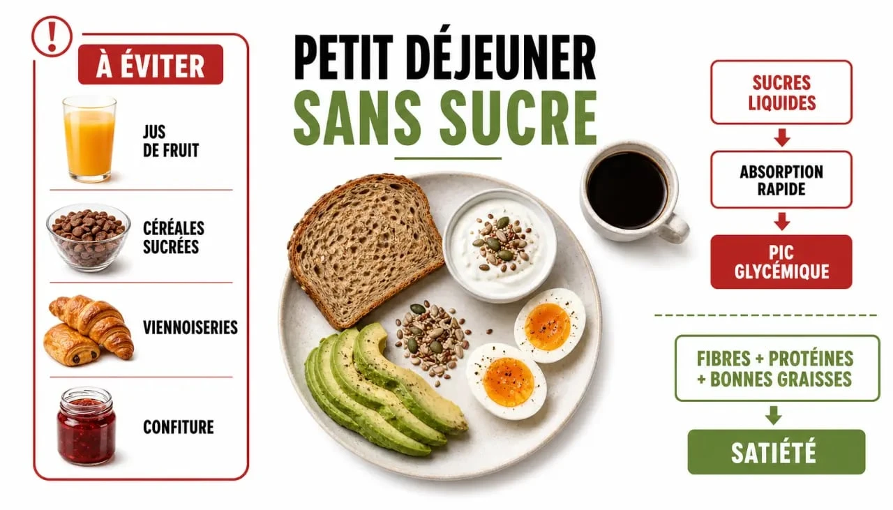 Petit déjeuner sans sucre pour diabétique : assiette équilibrée avec aliments à privilégier et schéma du pic glycémique