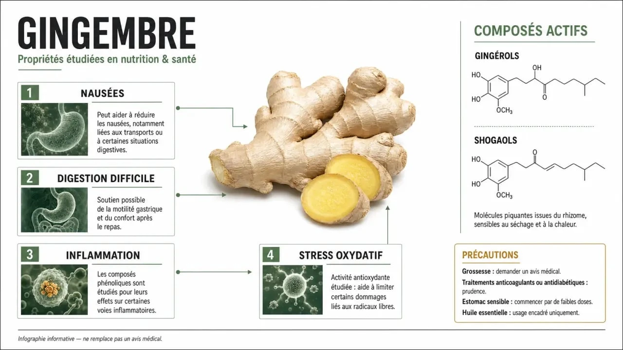Propriété gingembre : schéma des actifs, effets digestifs et précautions