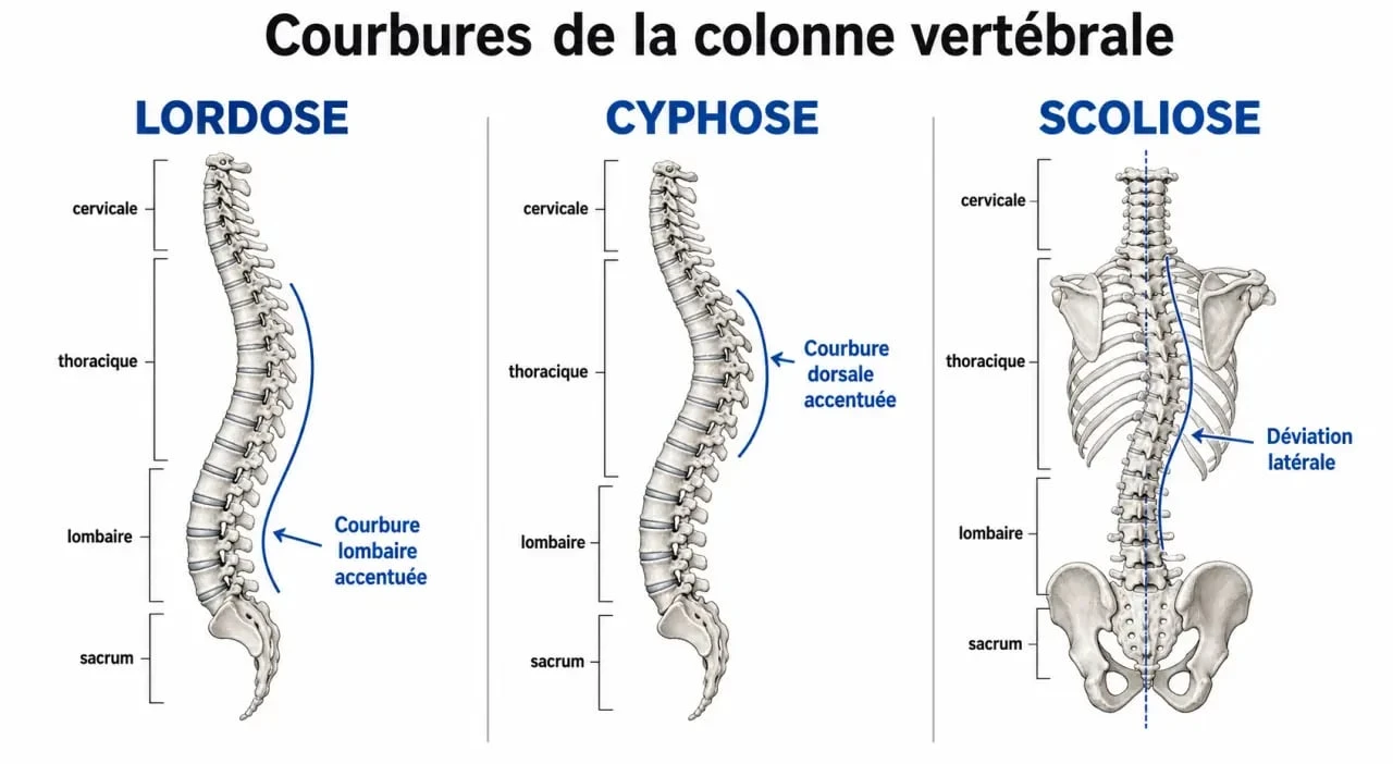 Schéma comparatif des courbures de la colonne vertébrale : lordose, cyphose et scoliose