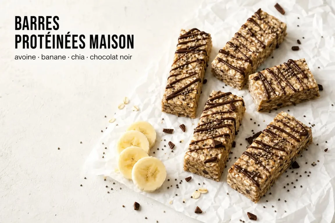 Barre protéinée maison perte de poids découpée en barres sur papier cuisson avec flocons d’avoine et banane