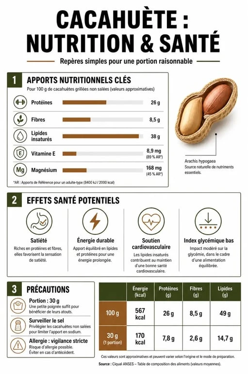 Cacahuète bienfaits : infographie sur les apports nutritionnels, les effets santé et la portion recommandée