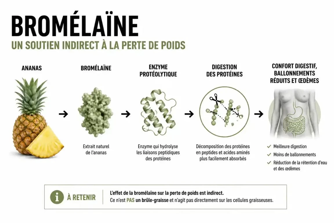 Infographie sur la bromélaïne perte de poids, montrant son effet indirect sur la digestion et les ballonnements