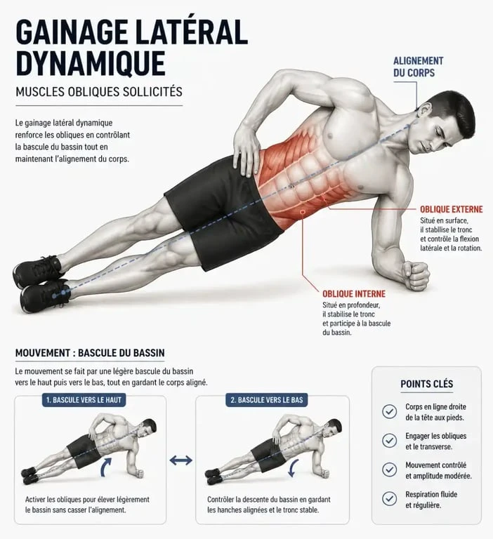 Schéma des muscles sollicités pendant le gainage latéral dynamique