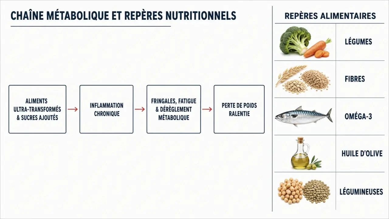Régime anti-inflammatoire perte de poids : schéma des aliments à privilégier et du lien entre inflammation et amaigrissement