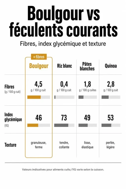 Infographie comparative des apports nutritionnels du boulgour, riz, pâtes et quinoa