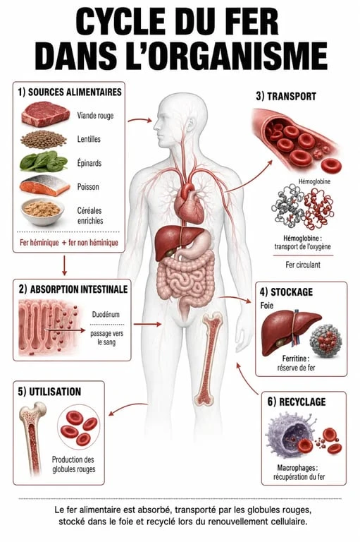 Infographie sur le rôle et le métabolisme du fer dans le sang