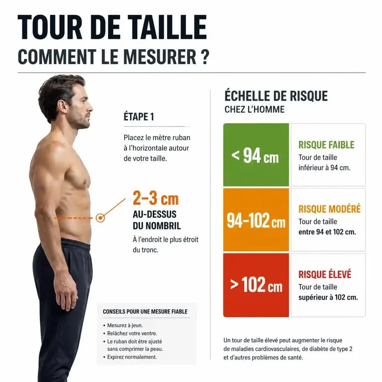 Infographie santé montrant la méthode de mesure du tour de taille pour un homme de 1m75 et les seuils de risque