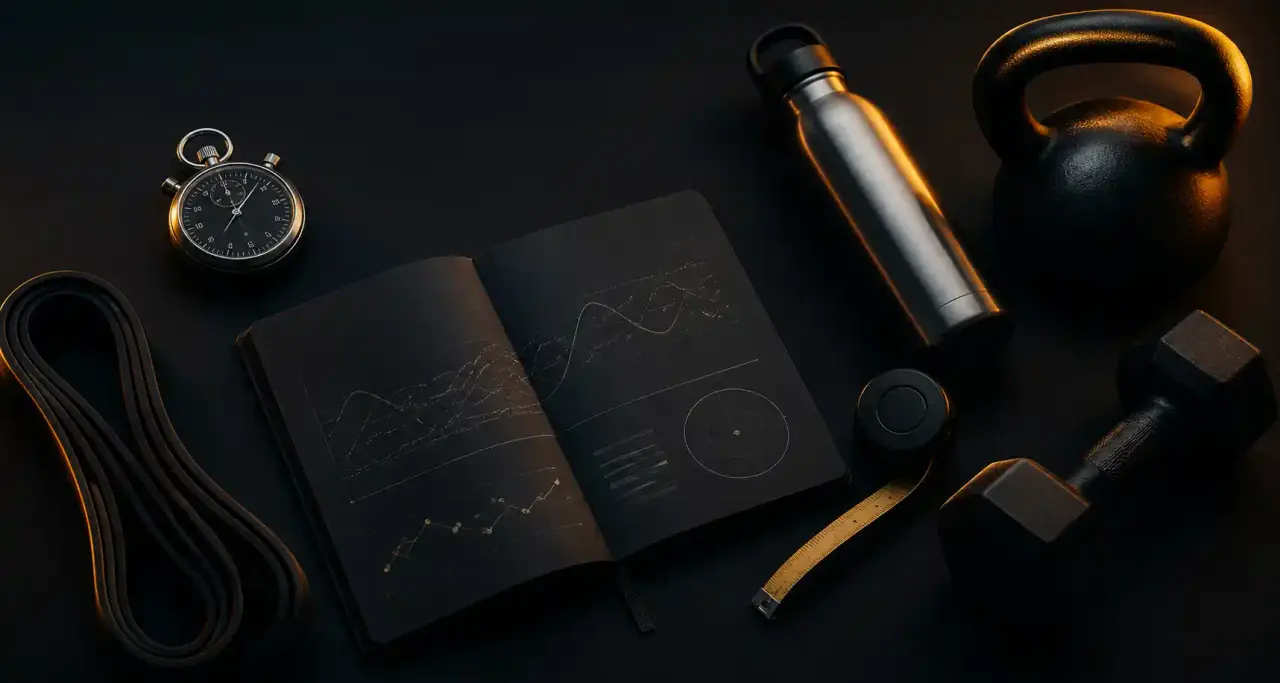 Instruments de performance sportive sur fond graphite : chronomètre, carnet d'analyse, élastique et mètre
