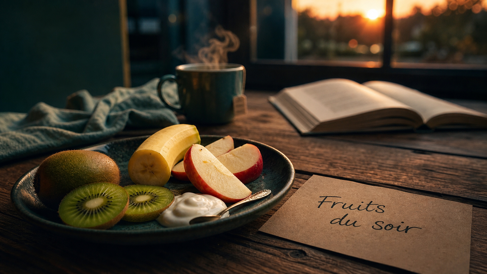 Manger des fruits le soir avant de se coucher : kiwi, banane et pomme sur une assiette