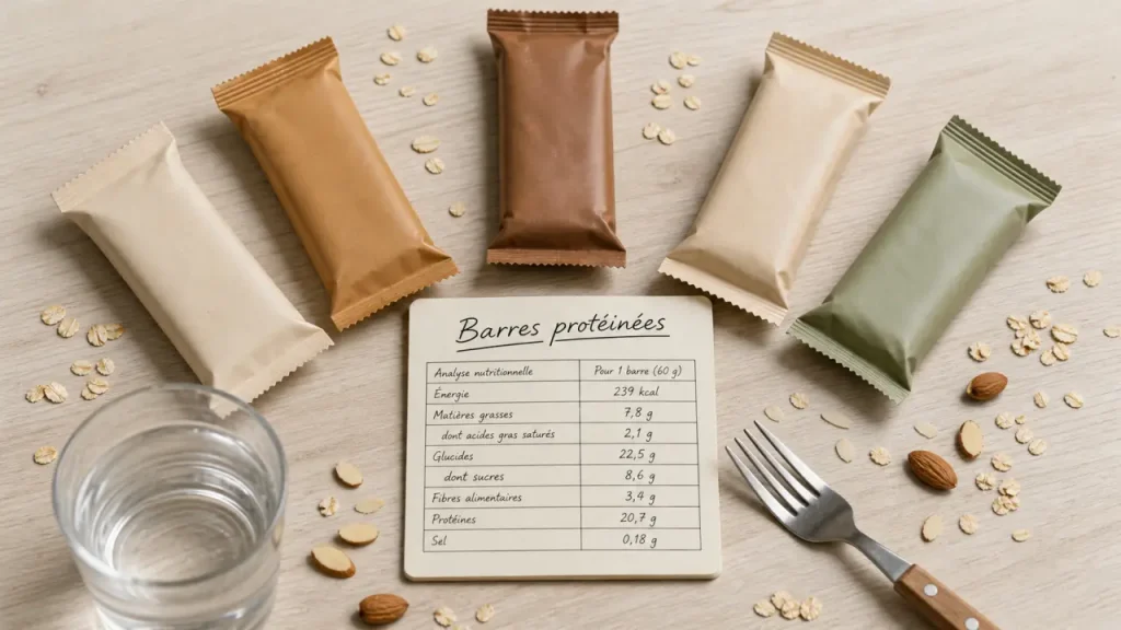 Barres protéinées : 15 à 20 g de protéines, peu de sucres et une digestion facile