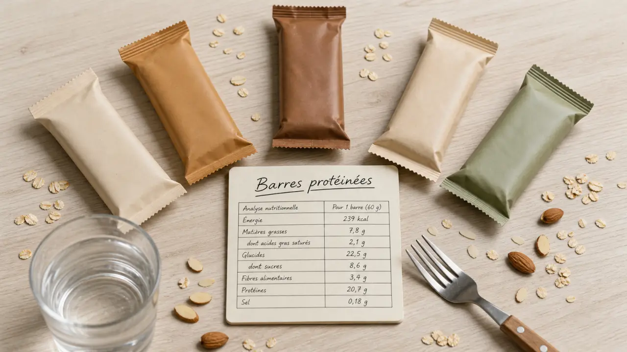 Meilleures barres protéinées : 15-20 g protéines, peu de sucres, digestion facile