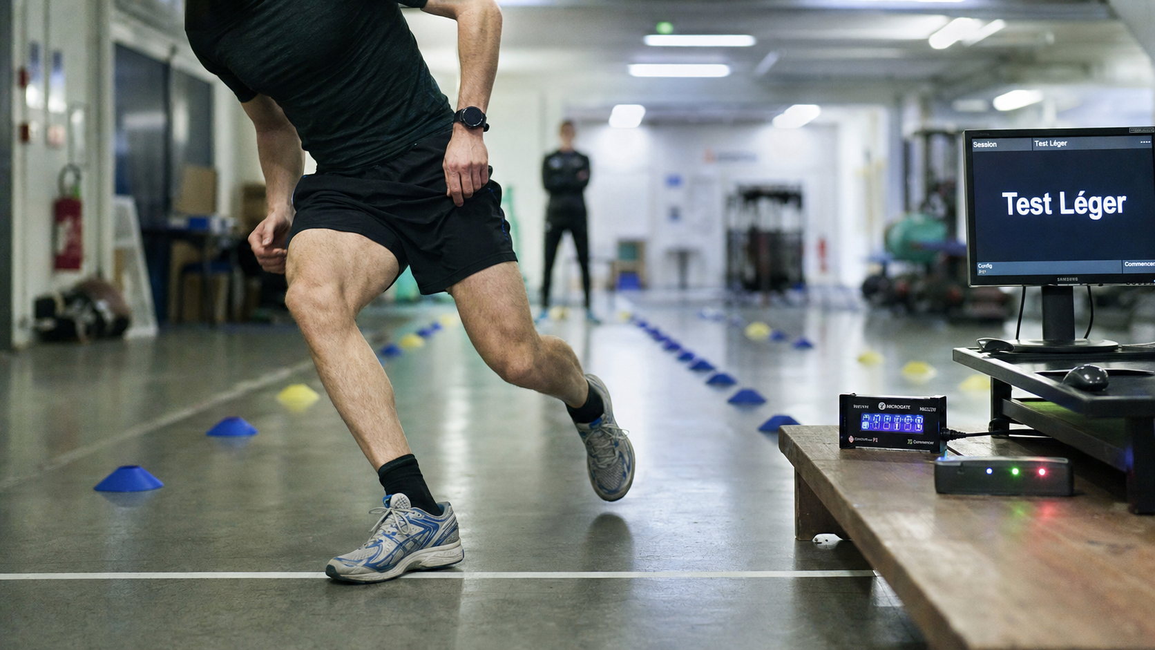 Palier test luc leger en salle : coureur, chrono et repères