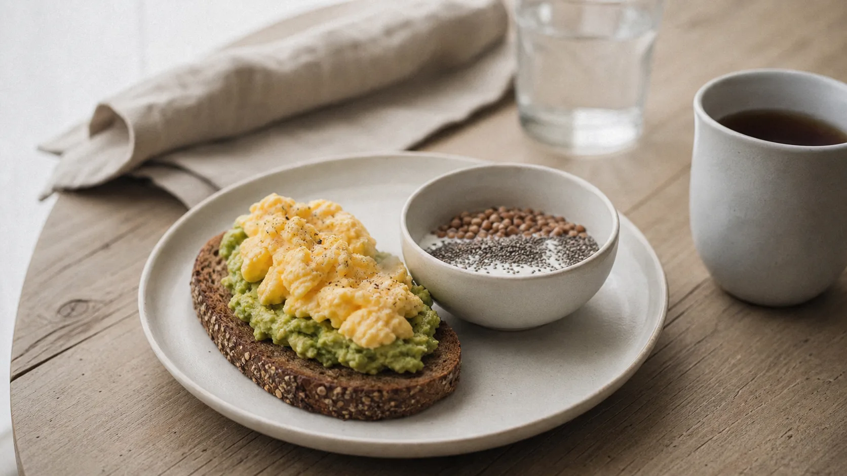 Petit déjeuner sans sucre pour diabétique : toast de seigle, œufs, sarrasin, thé sans sucre
