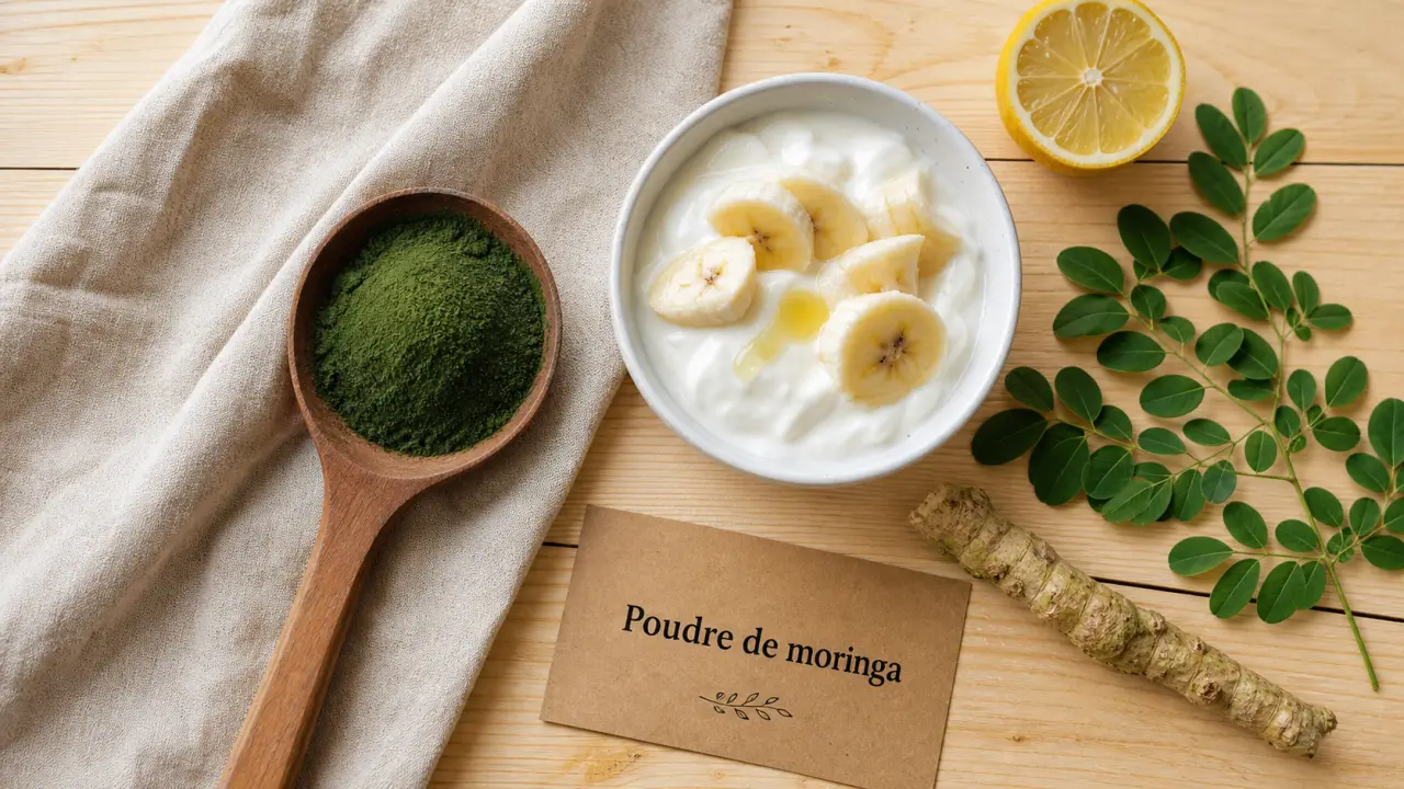 Poudre de moringa : bienfaits nutritionnels, cuillère et yaourt