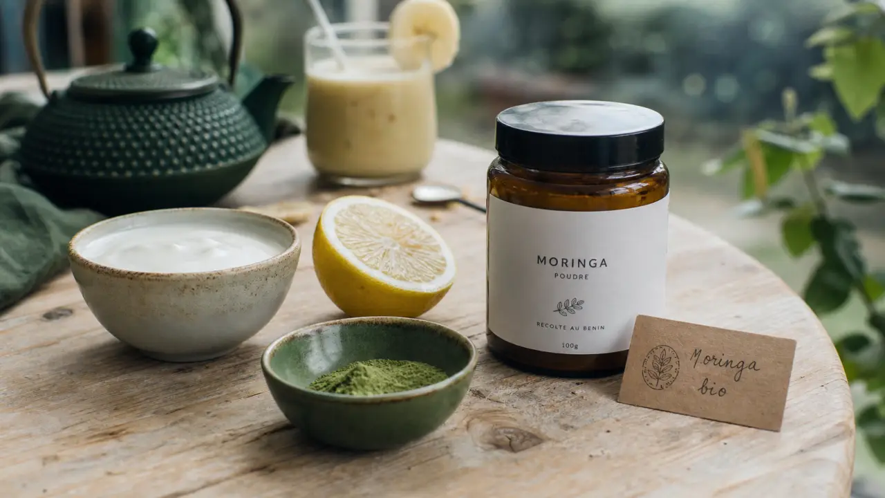 Poudre de moringa en bol avec yaourt et citron