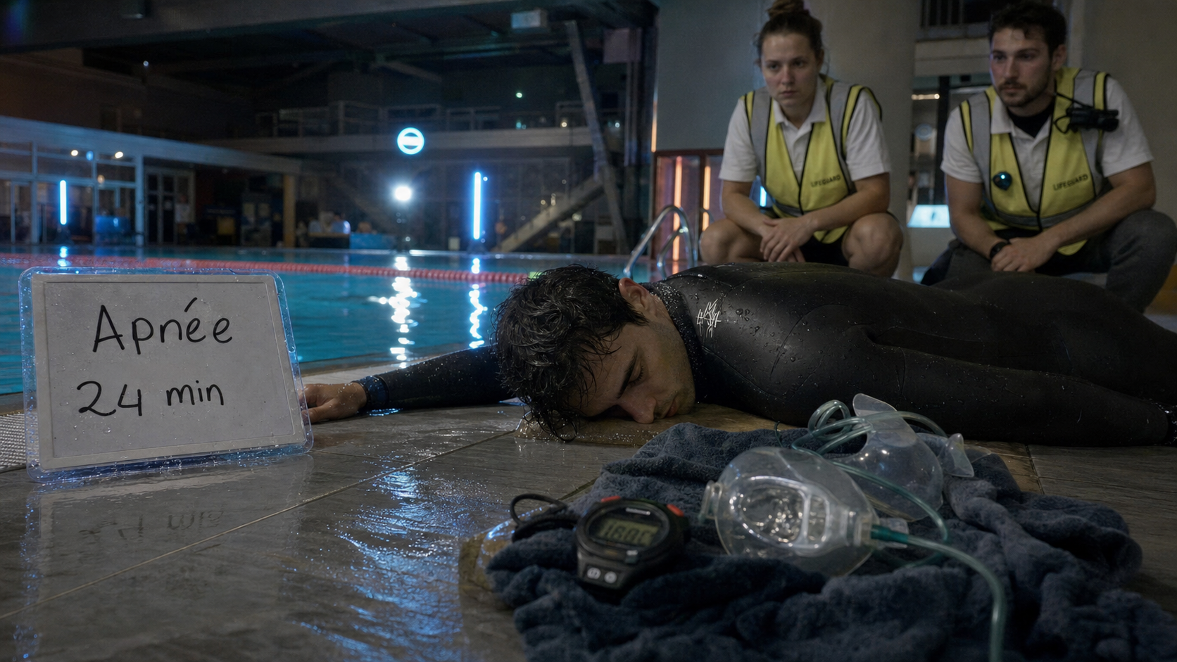 record apnée 24 min : oxygène pur, apnéiste près de la piscine