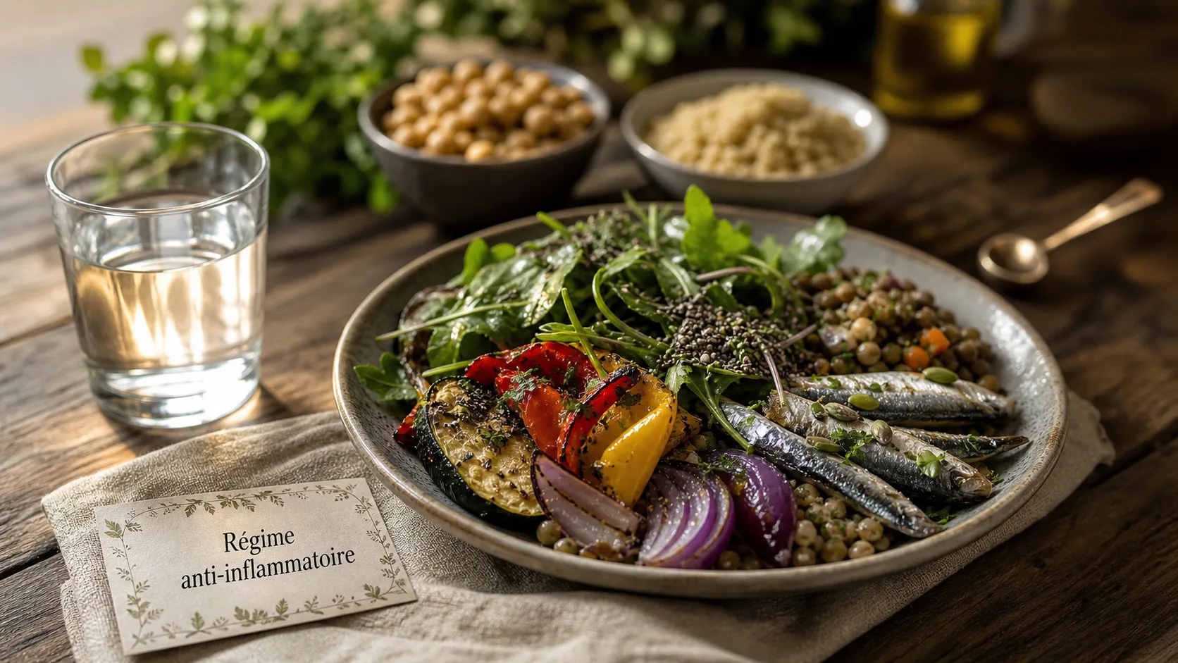 Régime anti-inflammatoire perte de poids : assiette végétaux, oméga-3 et huile d’olive