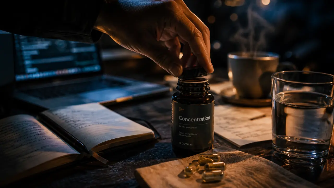 Complément alimentaire concentration : flacon de capsules sur bureau