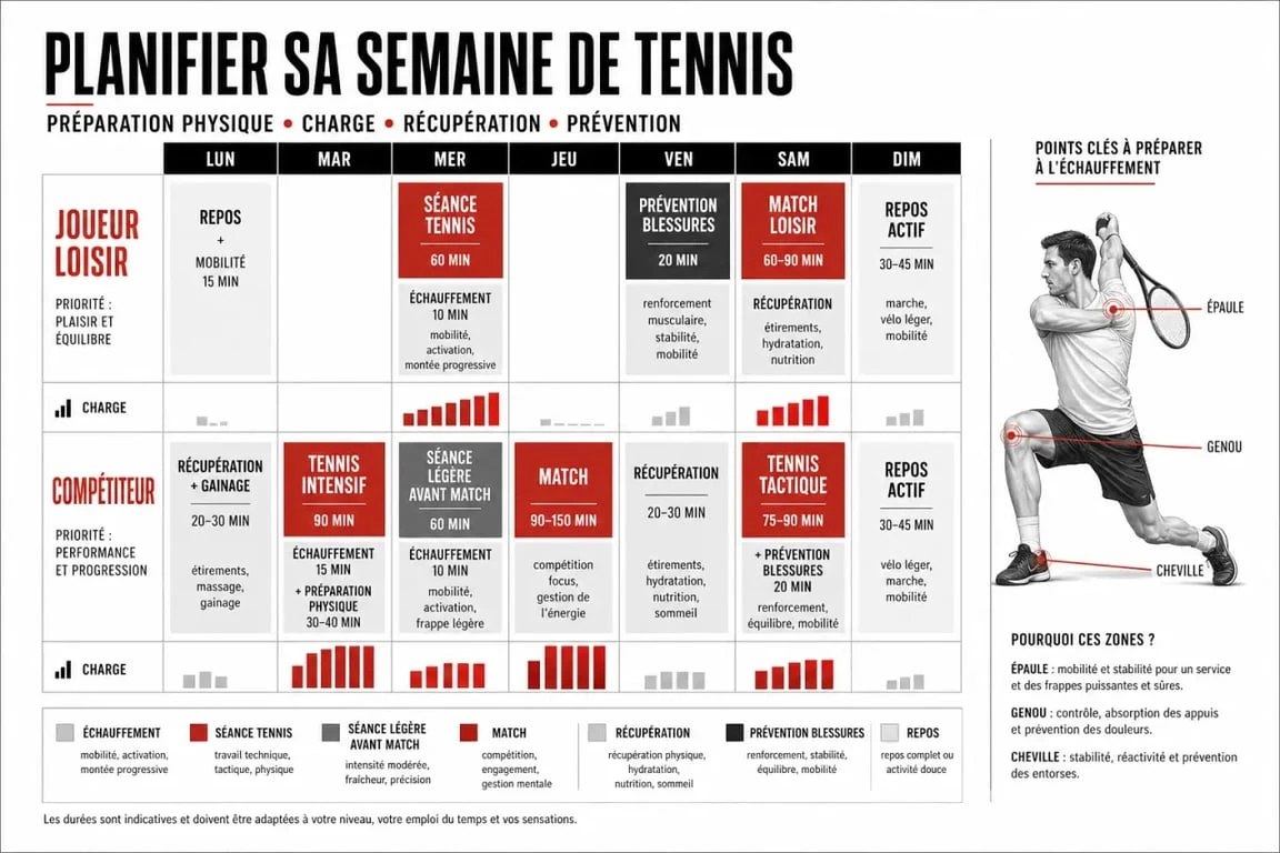 Tennis préparation physique : fréquence des séances, échauffement et prévention des blessures
