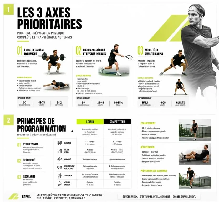Tennis préparation physique : synthèse des trois axes force, endurance et mobilité avec repères de programmation