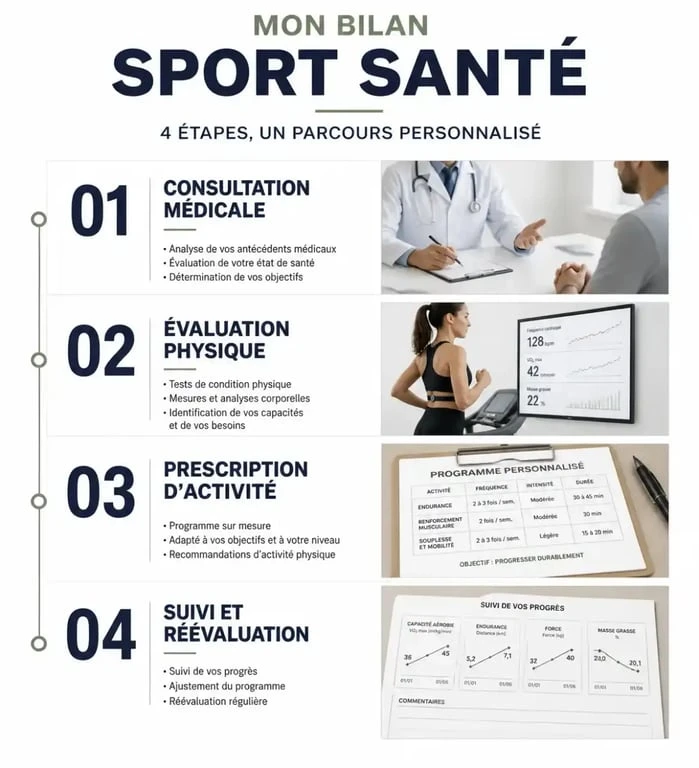 Infographie du parcours mon bilan sport santé : étapes de la consultation au suivi
