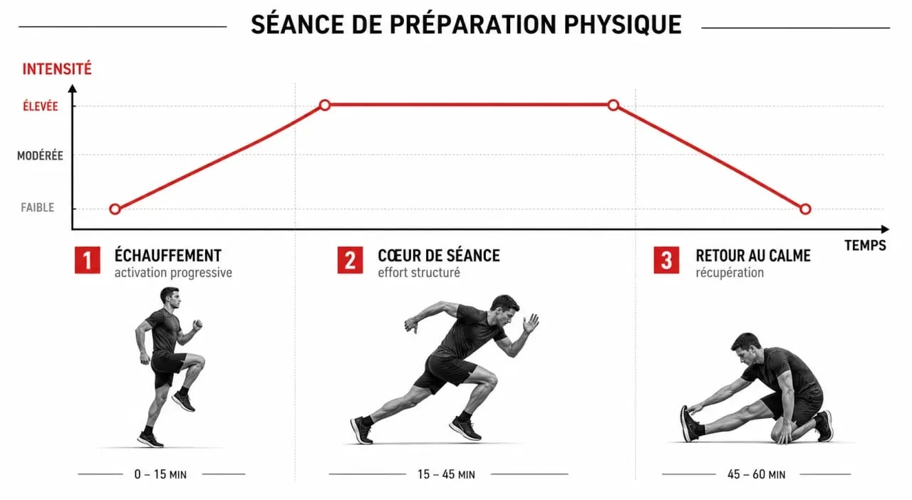 Préparation physique : séance structurée en échauffement, cœur de séance et récupération