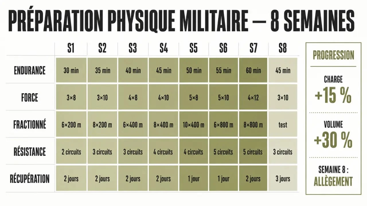 Préparation physique militaire pdf : planning progressif sur 8 semaines avec endurance, force, fractionné et récupération