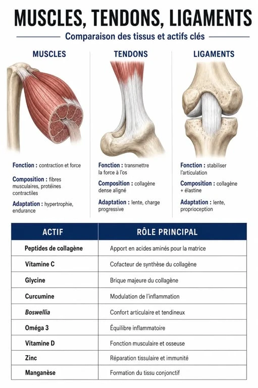 Complément alimentaire muscles et tendons : visuel comparatif des actifs clés et de leurs rôles