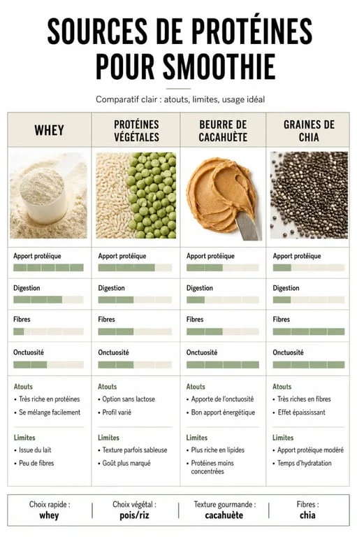 Comparatif smoothie protéiné entre whey, protéines végétales, beurre de cacahuète et graines de chia