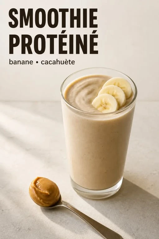 Smoothie protéiné crémeux en verre avec banane et beurre de cacahuète