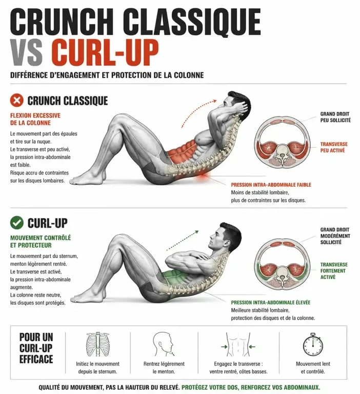 Schéma anatomique comparatif pour réaliser un crunch muscu sans risque