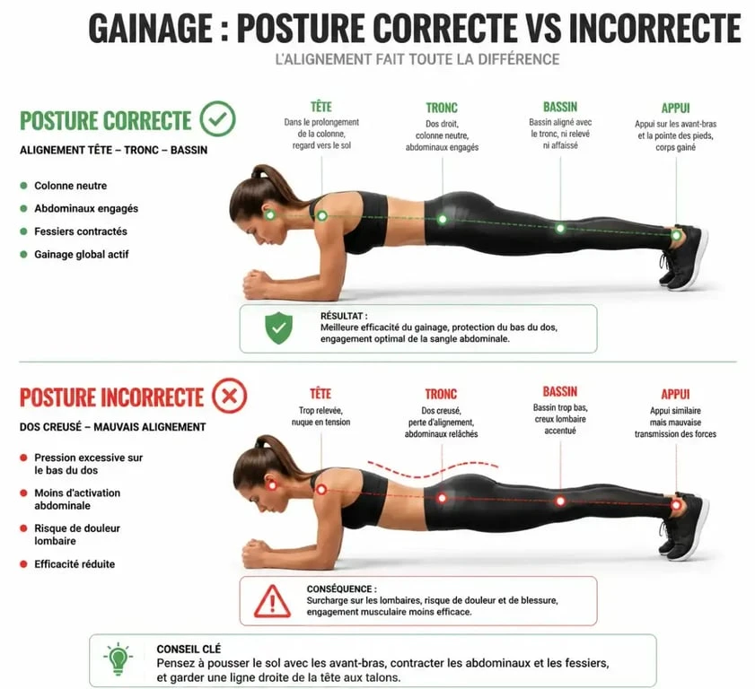 Comparaison posture gainage correcte et erreur de dos creusé