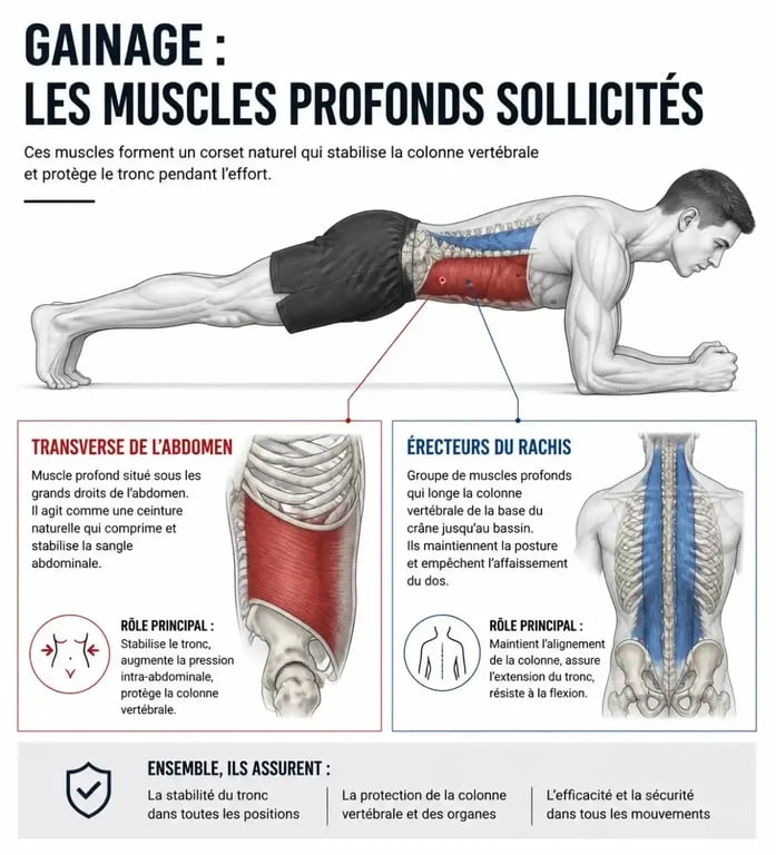 Schéma anatomique des muscles sollicités lors du gainage tous les jours