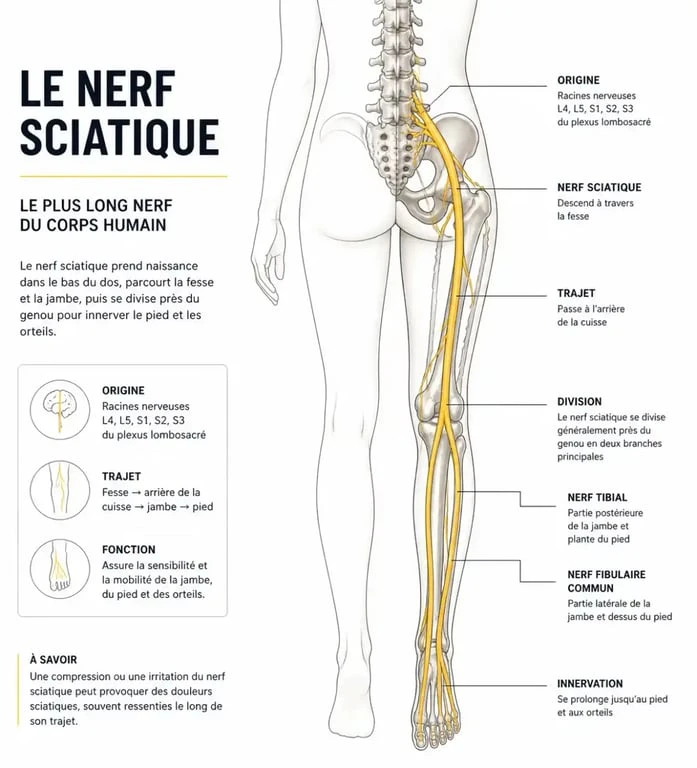 Schéma du trajet du nerf sciatique dans la jambe gauche pour comprendre la signification de la douleur