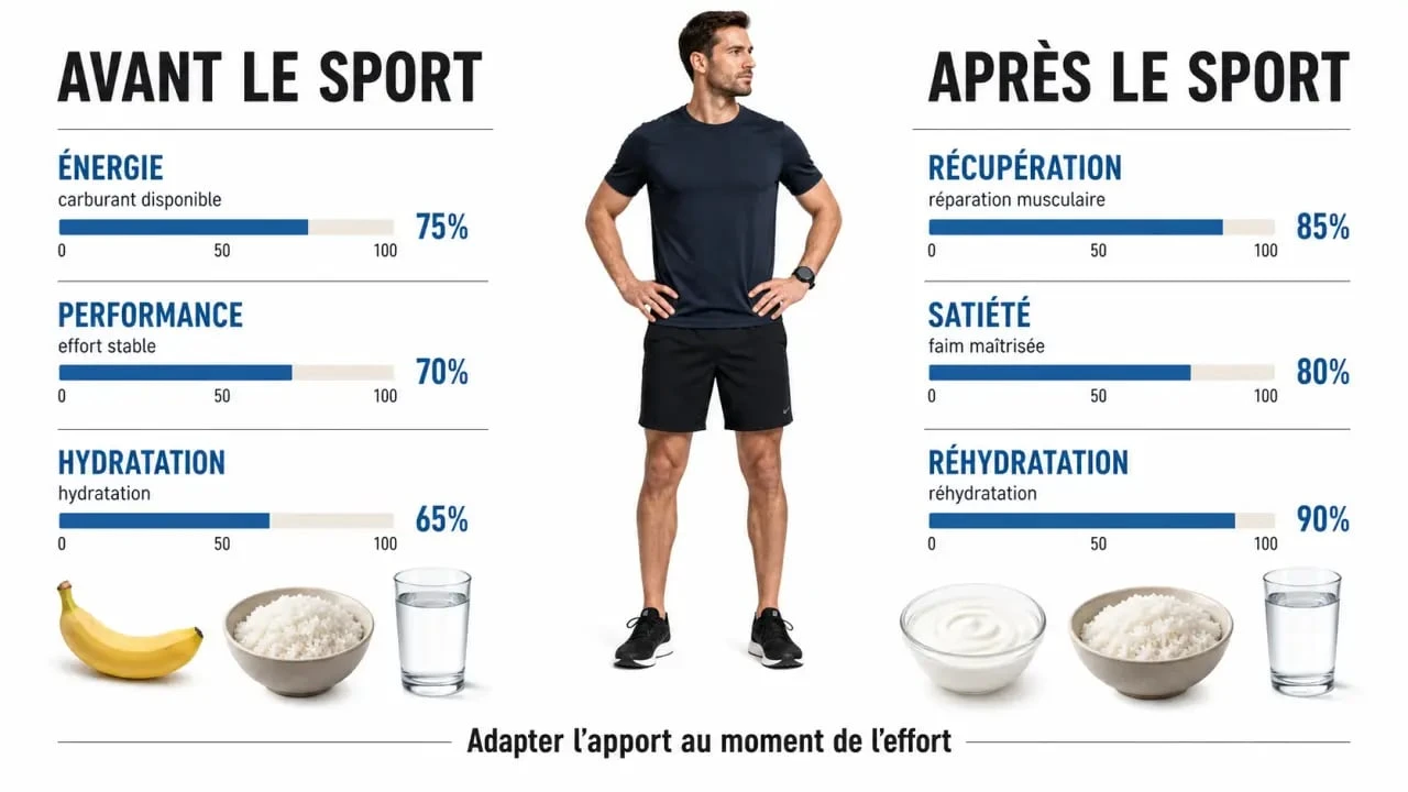 Comparatif perte de poids manger avant ou apres le sport : avant l’effort pour l’énergie, après l’effort pour la récupération