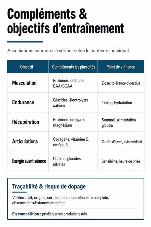 Tableau visuel du complément alimentaire pour sportif selon l’objectif d’entraînement et les points de vigilance