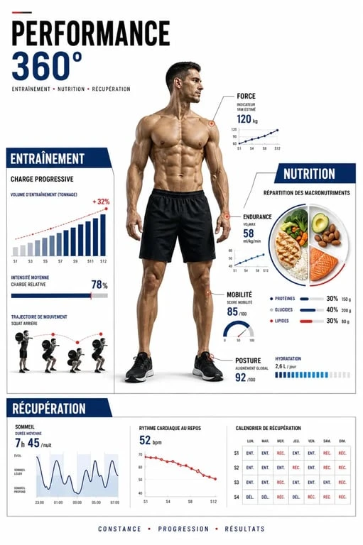Corps athlétique : synthèse visuelle des piliers entraînement, nutrition et récupération