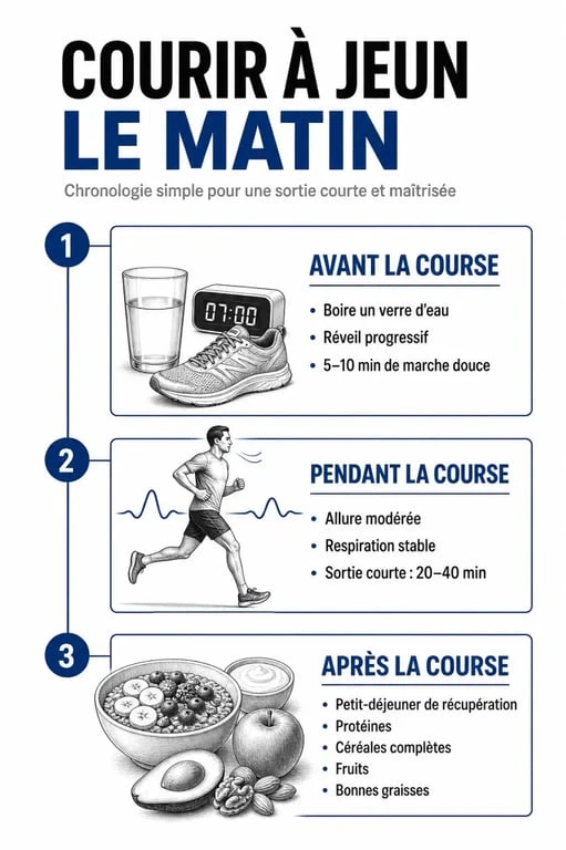 Courir à jeun le matin : infographie sur les étapes avant, pendant et après la séance
