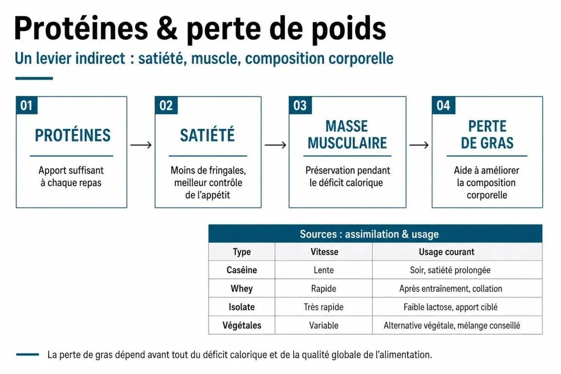 Infographie sur la perte de poids proteine et leurs effets sur la satiété, le maintien musculaire et le choix entre caséine, whey, isolate ou protéines végétales