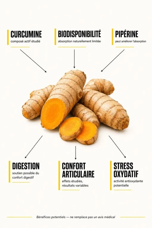 Bienfaits du curcuma : schéma scientifique sur la curcumine, la pipérine et l’absorption