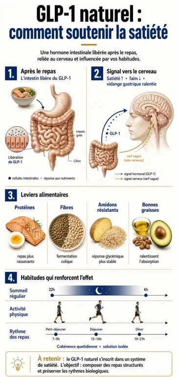 Infographie sur le glp 1 naturel, la satiété et les leviers alimentaires