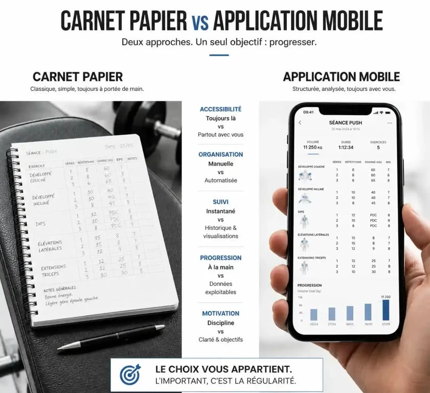 Comparatif carnet d'entraînement musculation papier versus application mobile