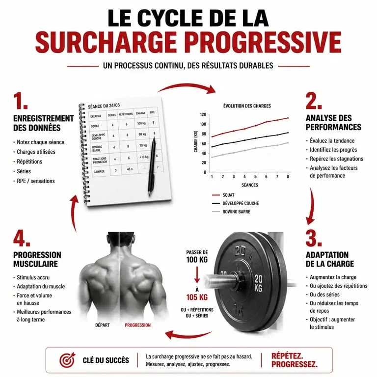 Infographie sur le cycle de la surcharge progressive pour un carnet d'entraînement musculation