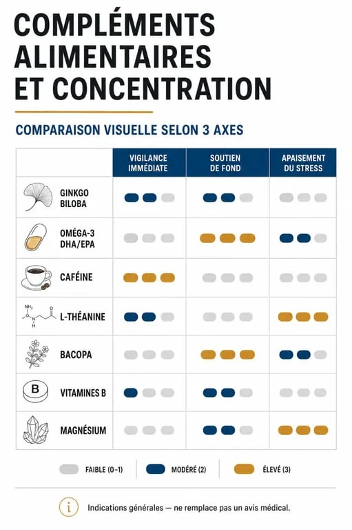Infographie sur le complément alimentaire concentration avec les actifs principaux et leurs usages
