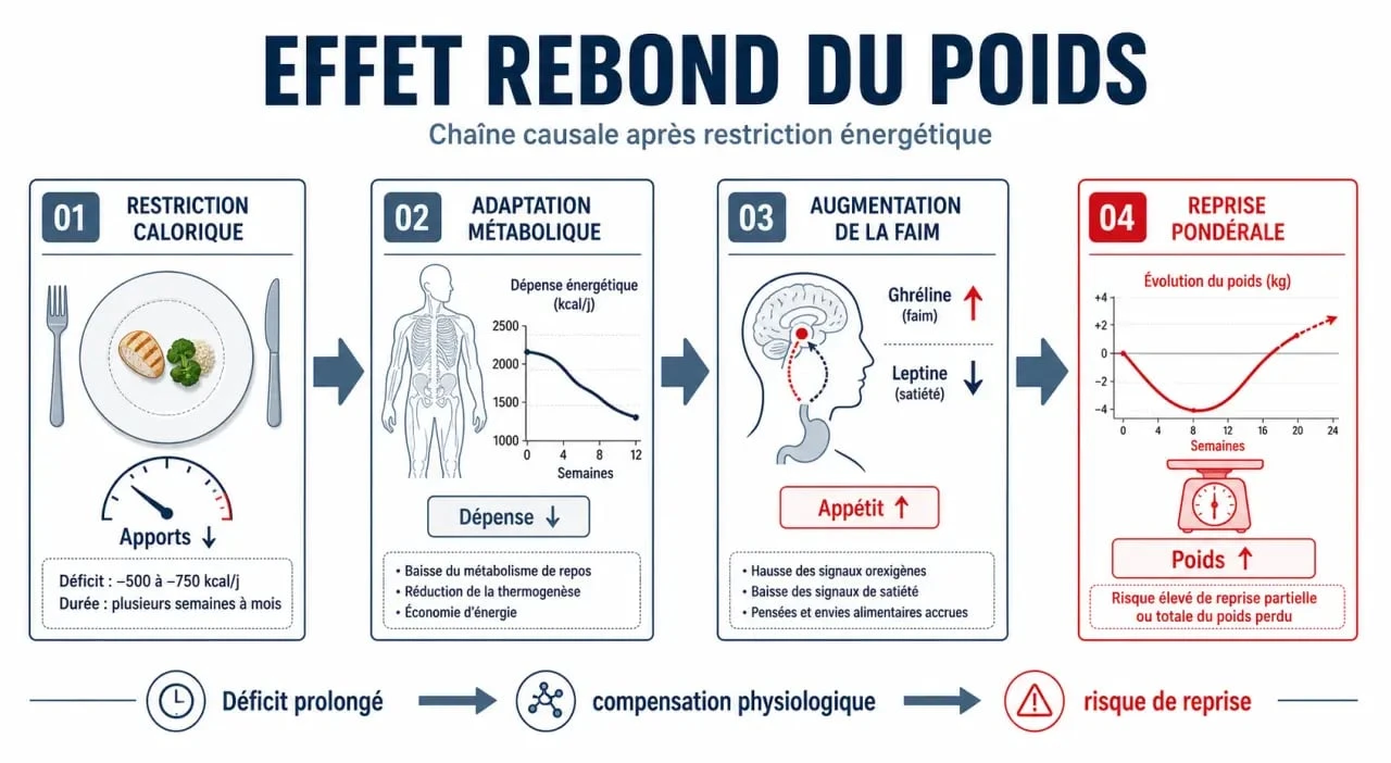 Schéma de l’effet rebond poids montrant la restriction, l’adaptation métabolique, la faim et la reprise pondérale