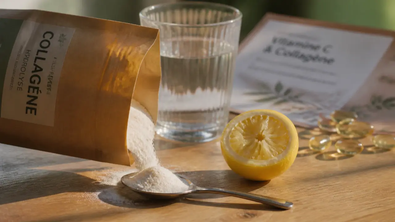 Pourquoi prendre du collagène : poudre sur cuillère, peau et articulations