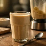 Smoothie proteine crémeux banane chocolat, verre et cuillère