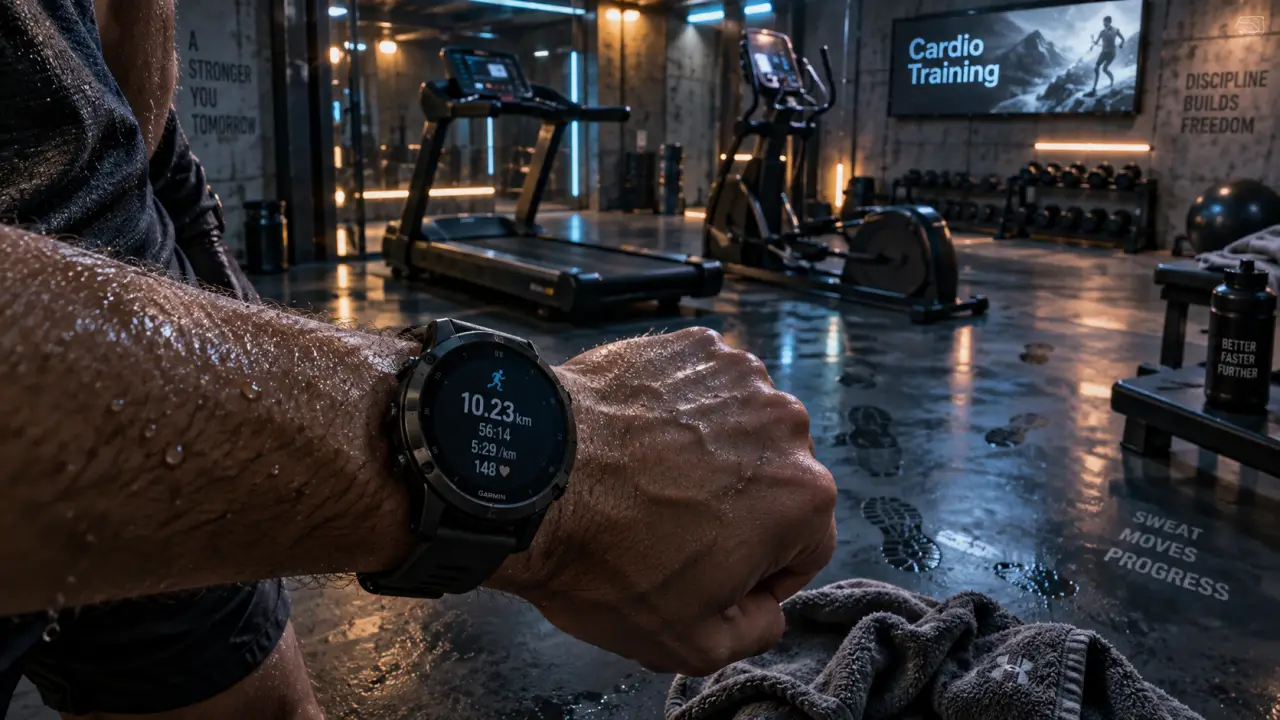 Cardio training fitness : montre GPS sur poignet en salle de sport