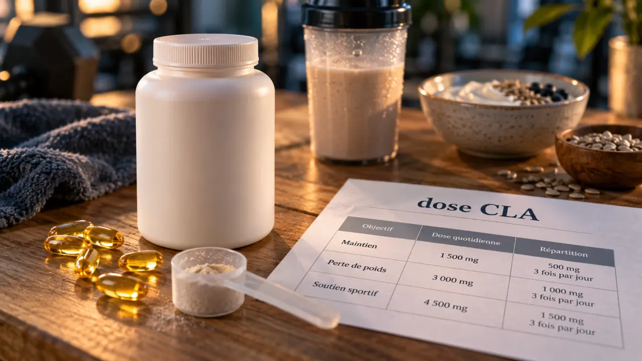 CLA complément alimentaire : flacon et capsules sur table