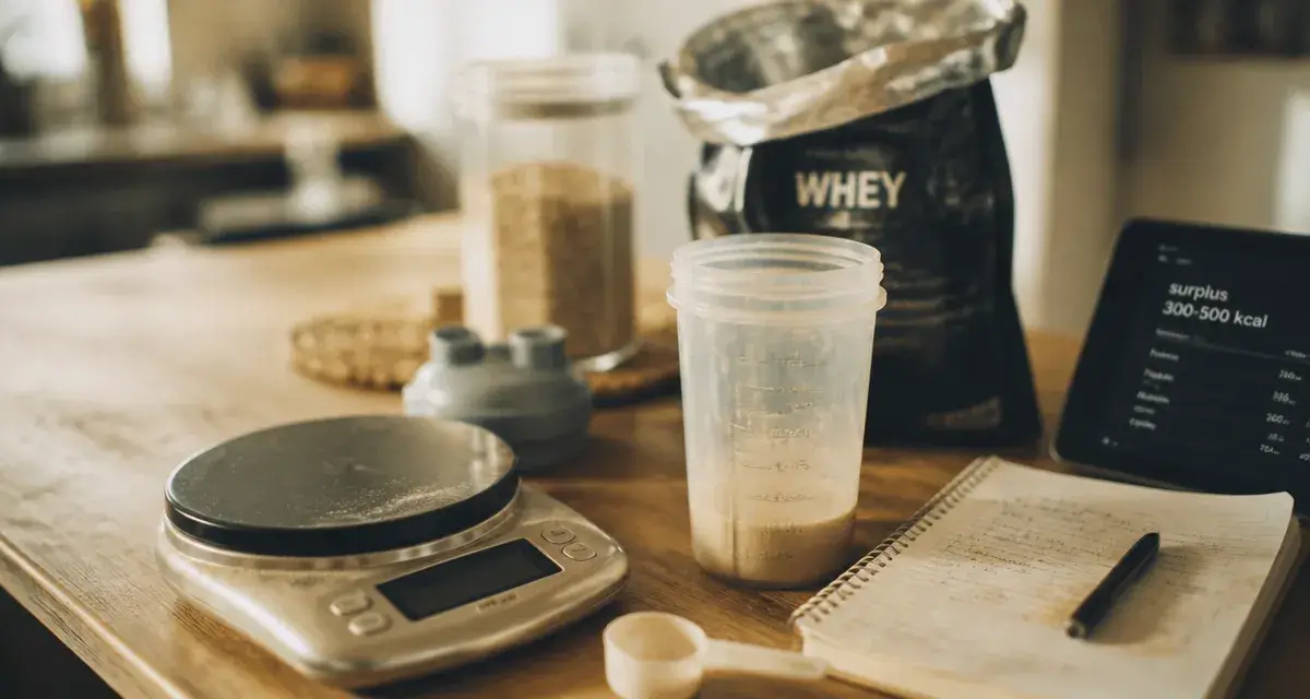 Complément alimentaire prise de poids : shaker, balance et calcul surplus calories